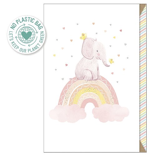 Karte Pure Card Baby Geburt Elefant Regenbogen Rosa