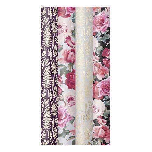 Wrapping paper set 4 rolls flowers roses ferns
