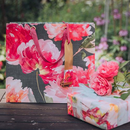 Gift bag set watercolour blossoms pink black