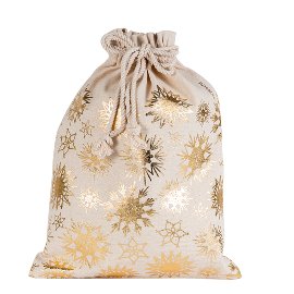 Geschenksack Baumwolle Weihnachten Sterne Schneeflocken Gold