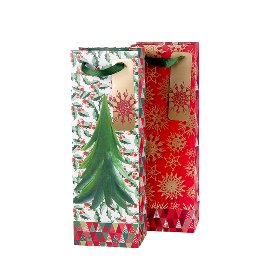 Bottle bag set Christmas fir tree straw stars holly red green