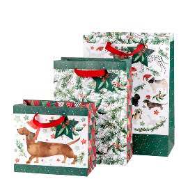 Gift bag set Christmas dogs fir tree twigs white green