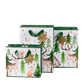 Gift bag set Christmas forest animals green white