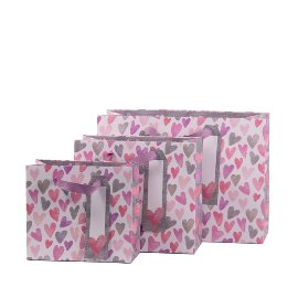Gift bag set hearts pink grey