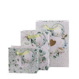 Gift bag set wedding blossoms eucalyptus hearts white green gold
