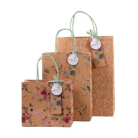 Gift bag set ORGANICS kraft paper blossoms eucalyptus hearts