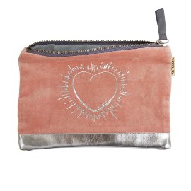 Cosmetic bag velvet heart peach silver