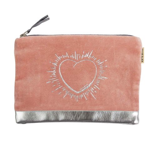 Cosmetic bag velvet heart peach silver
