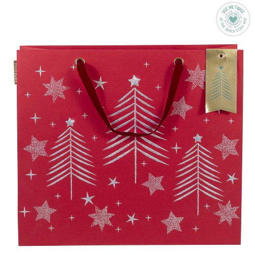 Christmas gift bag red with silver trees