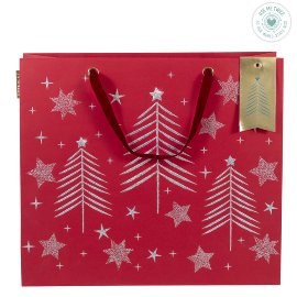 Christmas gift bag red with silver trees