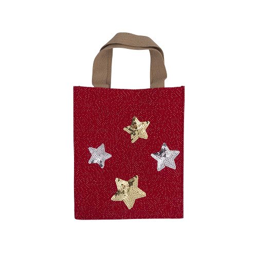 Gift bag jute stars sequins red